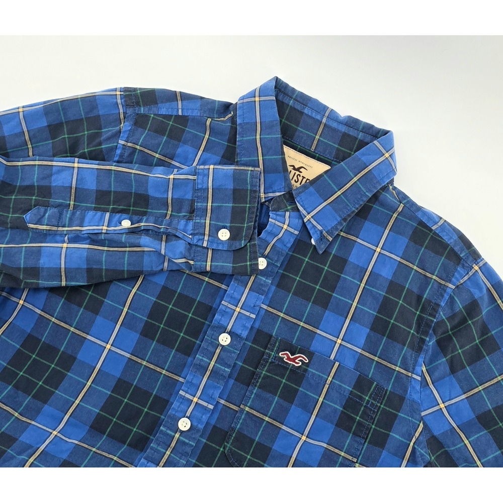 Hollister Preppy Plaid Shirt Mens Size Large Blue Green Long Sleeve Cotton Top